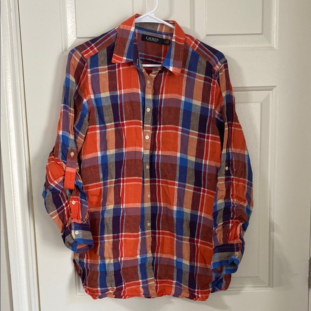 NWOT Lauren Ralph Lauren collared long roll tab sleeve button front linen shirt